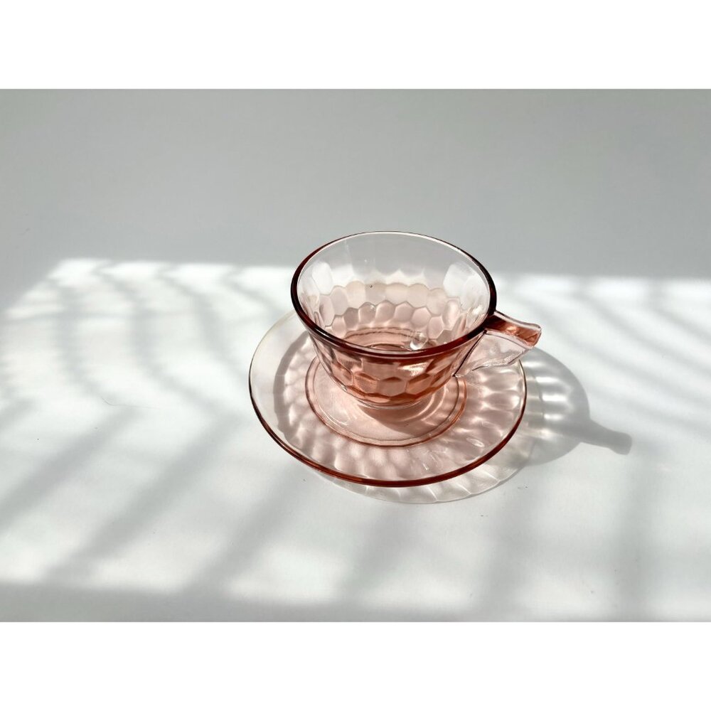 Pink Jeannette Depression Glass Vintage Teacup Saucer Glass Set Optic Thumbprint - Picture 5 of 10